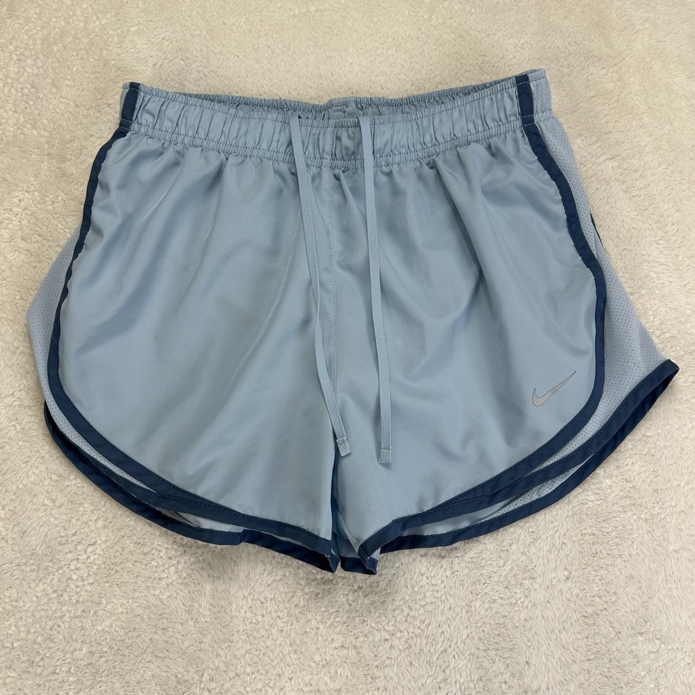 Nike Dri Fit Tempo Running Shorts Womens M Light Blue Mesh Trim Drawstring Logo